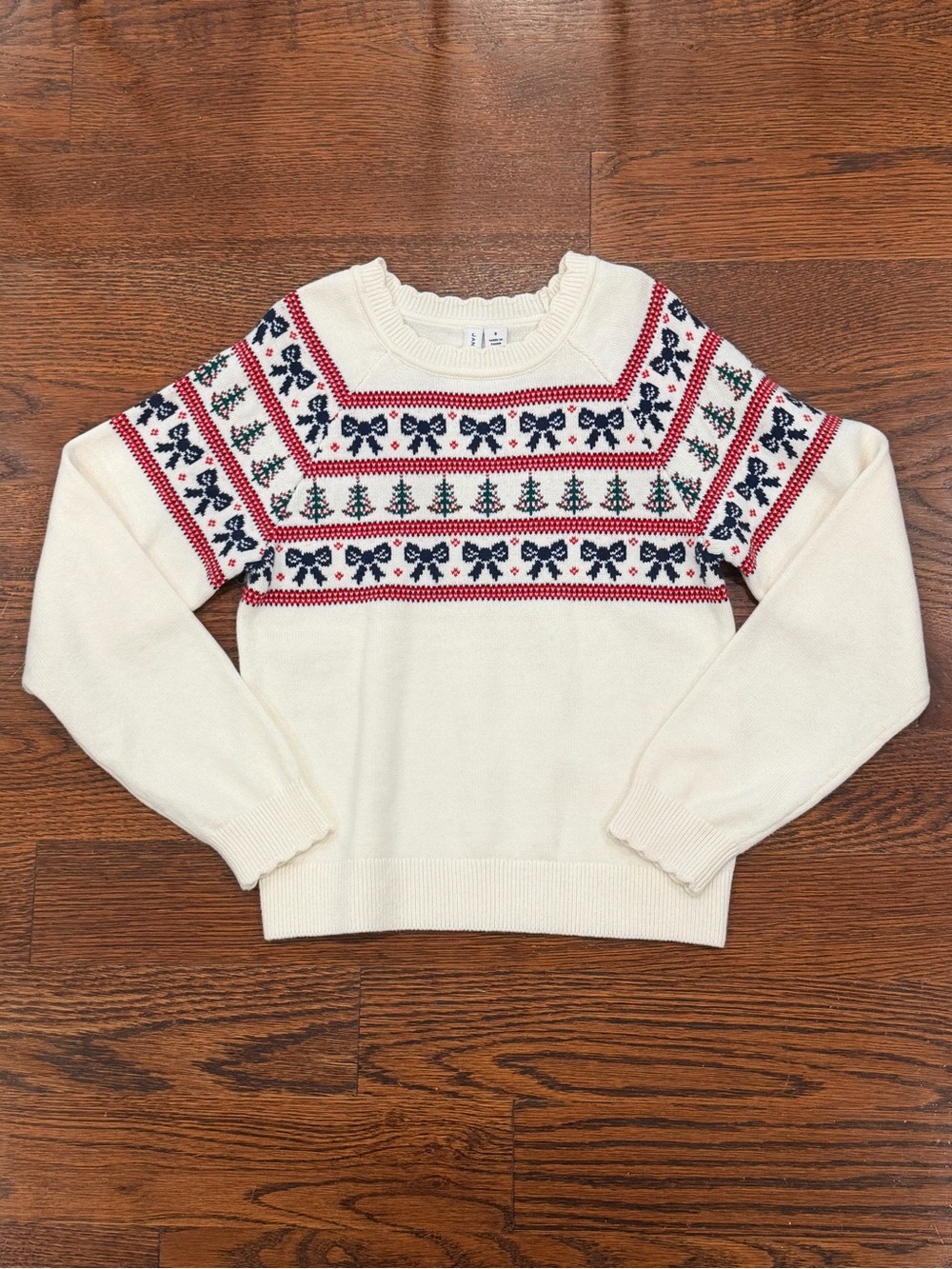 Janie and Jack Cream Fair Isle Crew Sweater with Navy & Red Accents